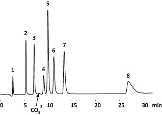 画像：7種の標準陰イオンと亜硫酸イオンの分析